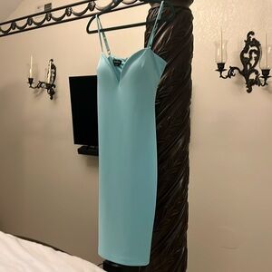 Bebe Deep V Neck Scuba Blue Midi Dress NWOT